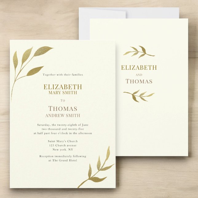 Casual elegant ivory and gold wedding invitation (casual text ivory and gold minimal wedding invitation easy to custominze to suite your personal need)