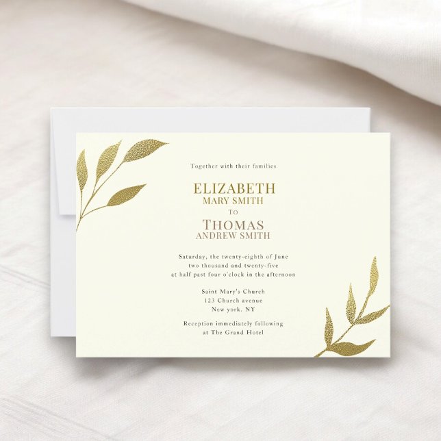 Casual elegant ivory and gold wedding invitation (ivory and gold modern minimal botanical casual wedding invitation )