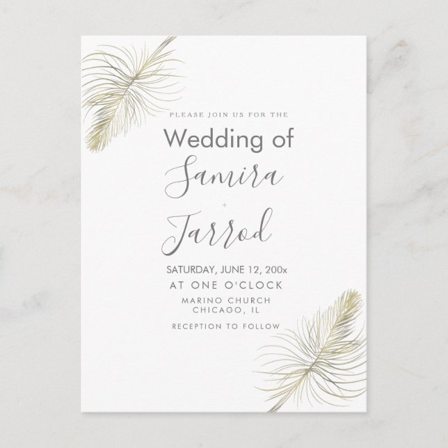 Casual Feather Gold Minimal Wedding Postcard (Front)