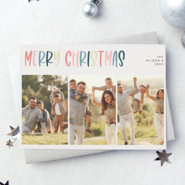 Casual Festive Colorful Christmas Three Photo  Holiday Card (Creator Uploaded)