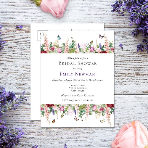 Casual Florals  Butterflies Bridal Shower Invitation Postcard