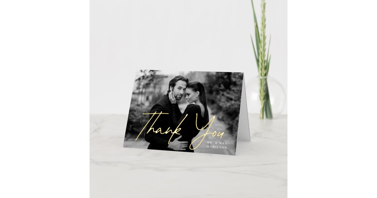 Casual Gold Script Photo Wedding Thank You Foil Greeting Card | Zazzle