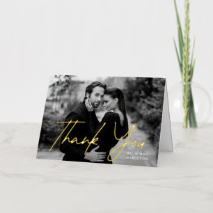 Casual Gold Script Photo Wedding Thank You Foil Greeting Card