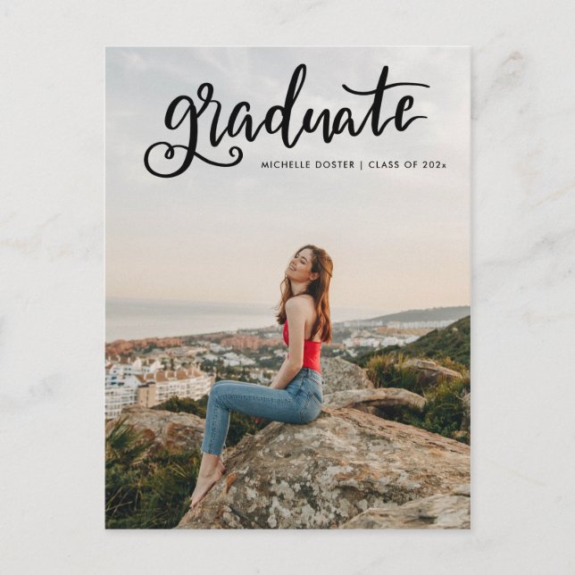 Casual Graduate Black Script Handwritten | Photo Announcement Postcard (Front)
