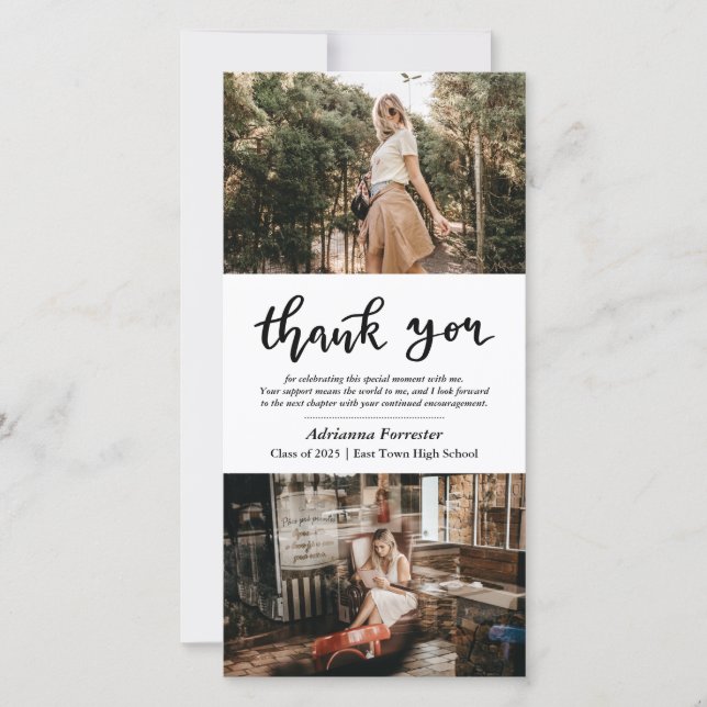 Casual Graduate Photo | Modern Thank You Script Card (Front)
