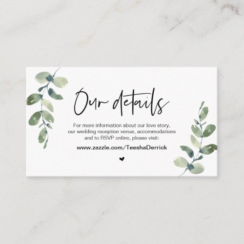 Casual Greenery Black font Our Wedding Details Enclosure Card