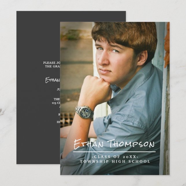 Casual Guy Graduate Photo Graduation Party Invitation (Front/Back)
