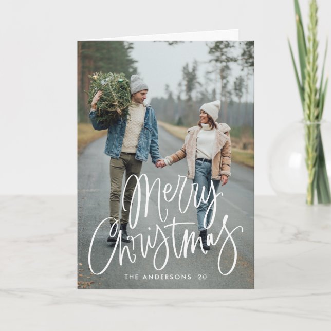 Casual Hand-Lettered Script Merry Christmas Photo Holiday Card (Front)
