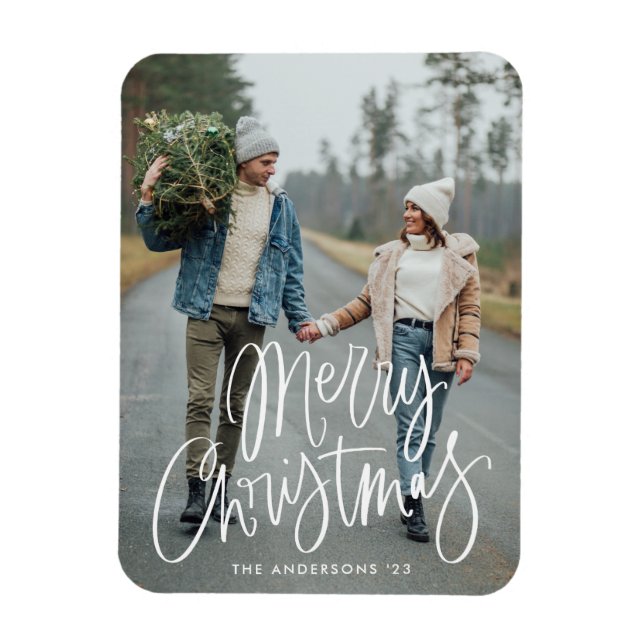 Casual Hand-Lettered Script Merry Christmas Photo Magnet (Vertical)