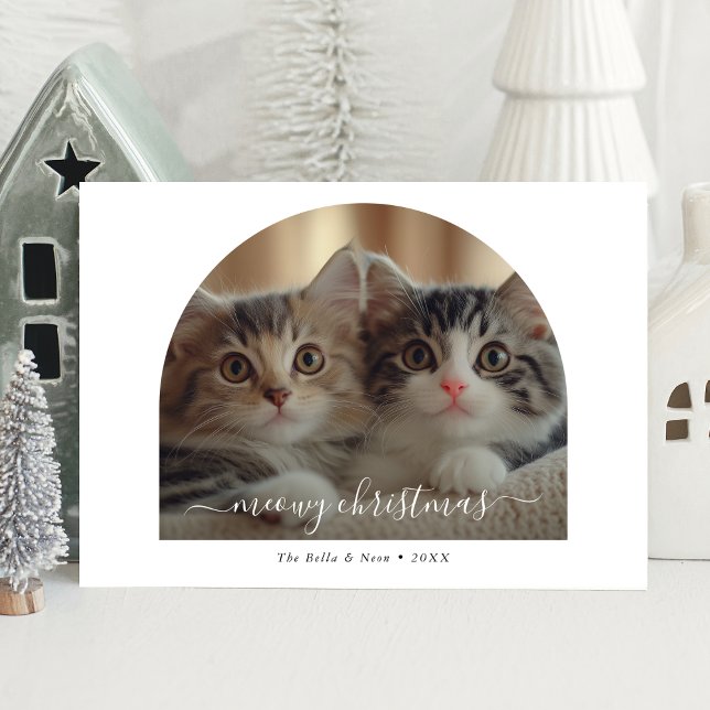 Casual Handwriting Arch Photo Meowy Christmas Holiday Card (Creator Uploaded)