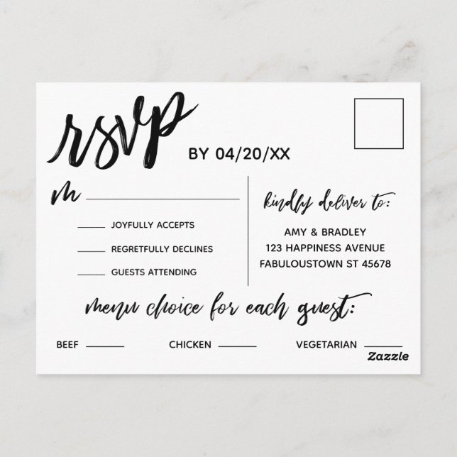 Casual Handwriting Black White Menu Choice RSVP (Back)
