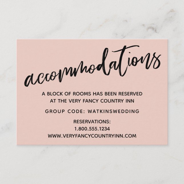 Casual Handwriting Blush Wedding Accommodations Enclosure Card (Front)
