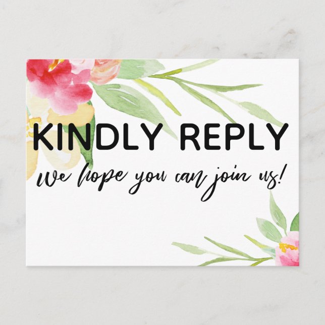 Casual Handwriting Colorful Watercolor Floral RSVP Postcard (Front)