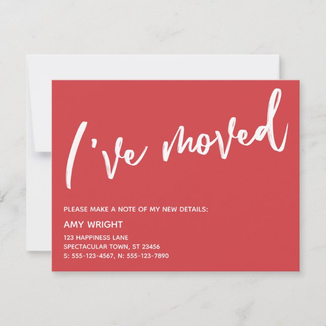 Casual Handwriting I've Moved Flame Red & White Note Card (Front)