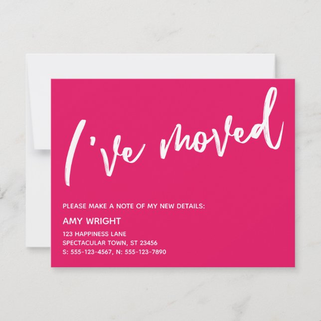 Casual Handwriting I've Moved Raspberry Pink Note Card (Front)