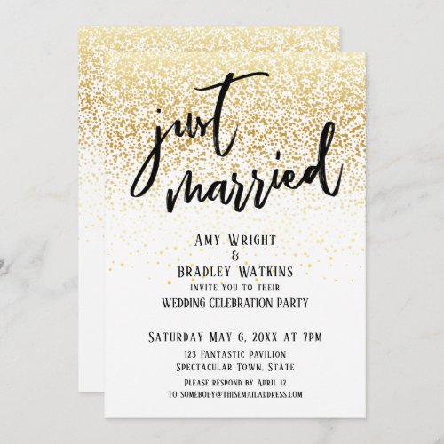 Casual Handwriting Just Married Gold Confetti Invitation