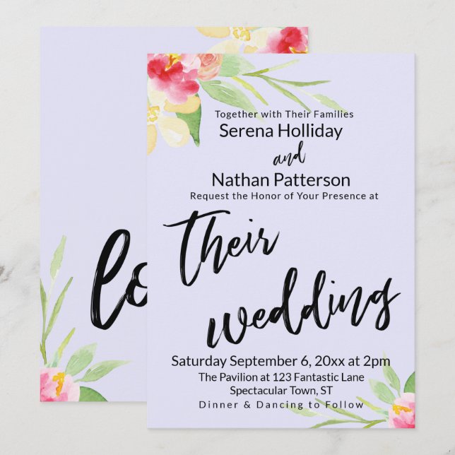 Casual Handwriting Painted Floral Lavender Wedding Invitation (Front/Back)