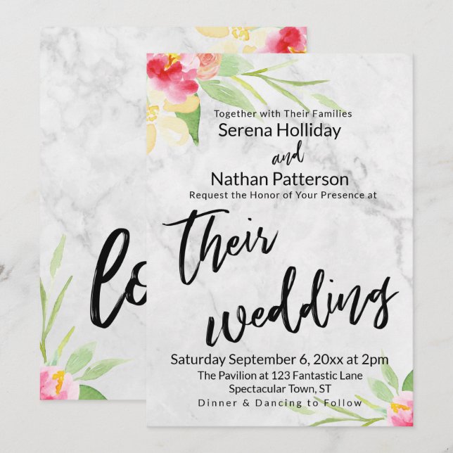 Casual Handwriting Painted Flowers Marble Wedding Invitation (Front/Back)