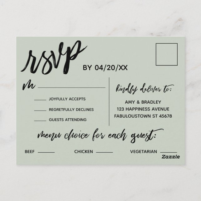 Casual Handwriting Sage Green Menu Choice RSVP (Back)