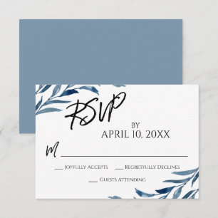 Casual Handwriting Script Blue Painted Leaves RSVP Card
