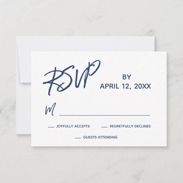 Casual Handwriting Script Navy Blue Wedding RSVP Card (Front)