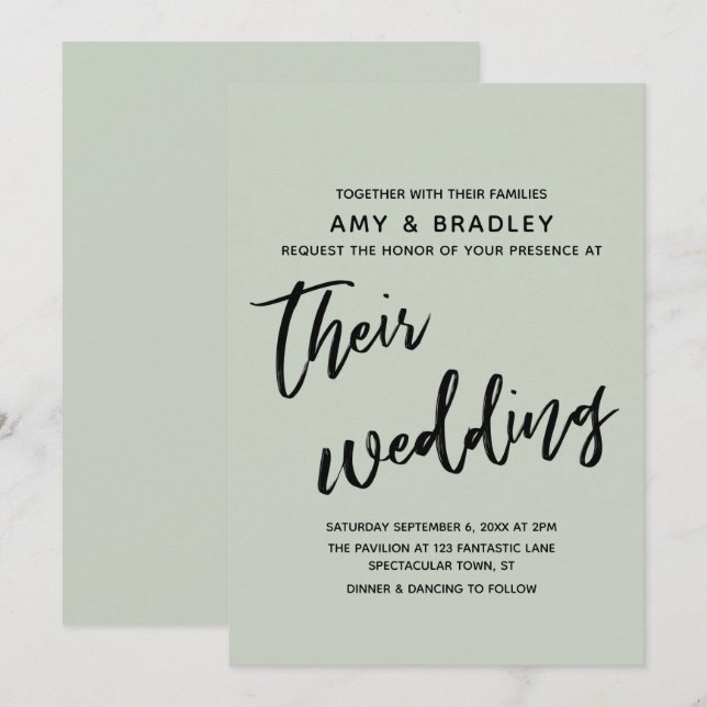 Casual Handwriting Simple Typography Wedding Sage Invitation (Front/Back)