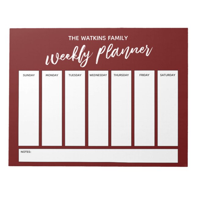 Casual Handwriting, Simple Weekly Planner Burgundy Notepad (Front)