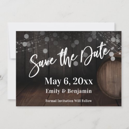 Casual Handwriting Sparkling Lights Wooden Barrel Save The Date