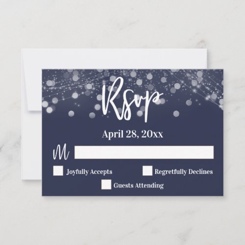 Casual Handwriting Typography Lights Navy Blue RSVP Card