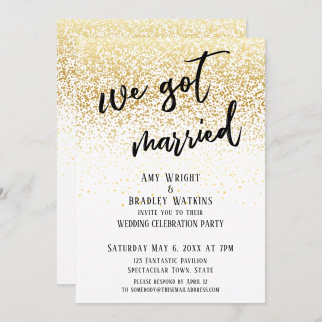 Casual Handwriting We Got Married Gold Confetti Invitation (Front/Back)