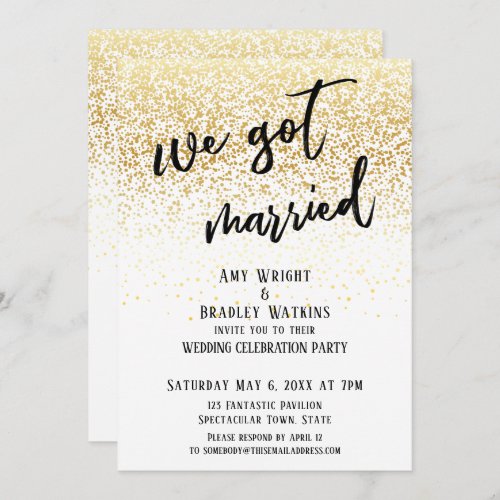 Casual Handwriting We Got Married Gold Confetti Invitation