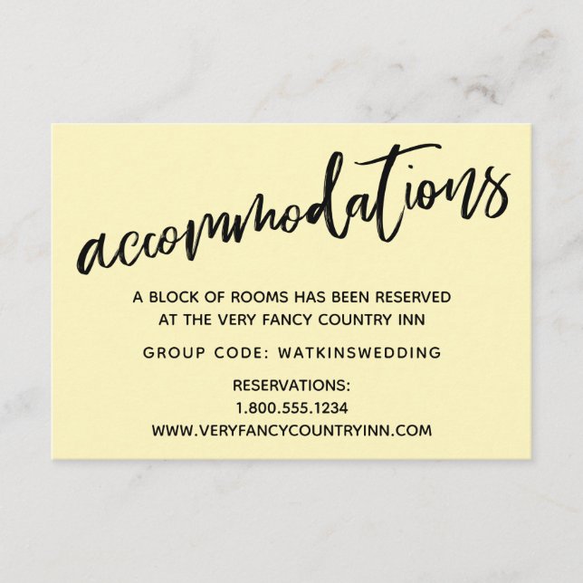 Casual Handwriting Yellow Wedding Accommodations Enclosure Card (Front)