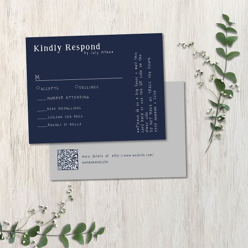 Casual Handwritten Typography Silver  Navy RSVP Card