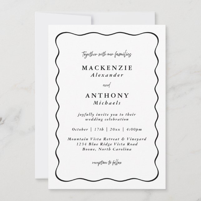 Casual Handwritten Wedding Black Wavy Border Invitation (Front)