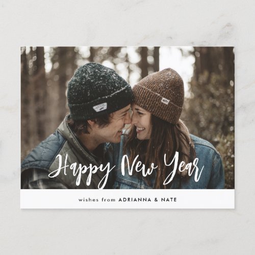 Casual Happy New Year Modern Script Couple Photo Holiday Postcard