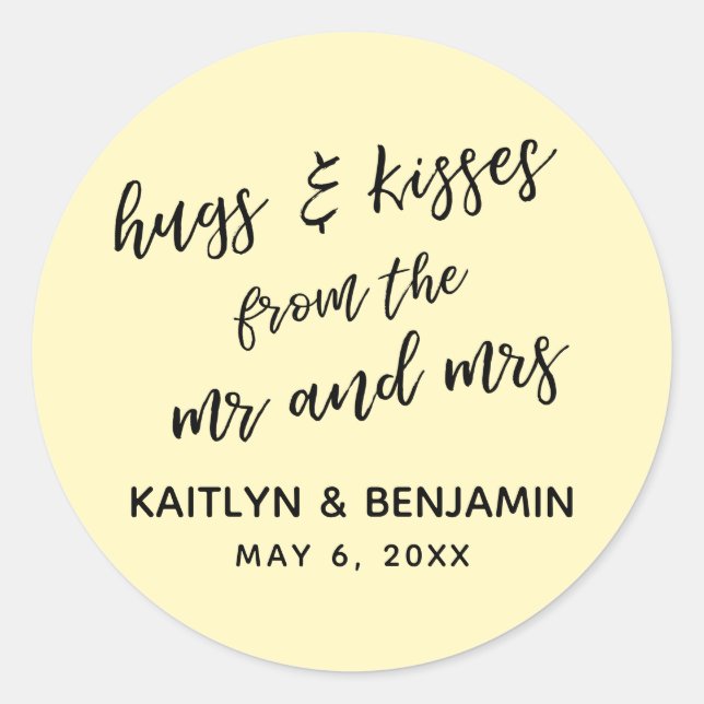 Casual Hugs & Kisses from the Mr and Mrs Yellow Classic Round Sticker (Front)