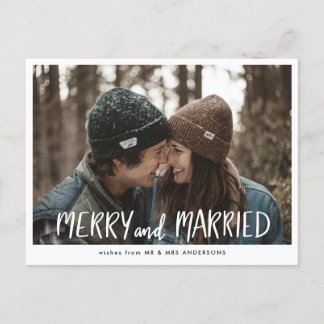 Casual Merry And Married Script Couple Photo Holiday Postcard