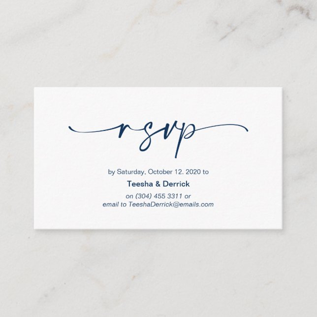 Casual Minimalist Navy Blue ink Pen, Wedding RSVP Enclosure Card (Front)