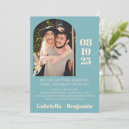 Casual Minimalist Photo Teal Blue Wedding Invitation