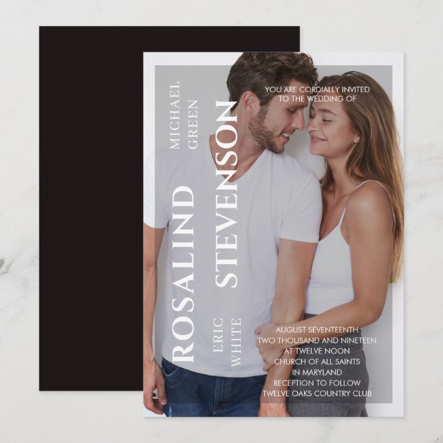 Casual Minimalistic Black White Photo Wedding Invitation (Front/Back)