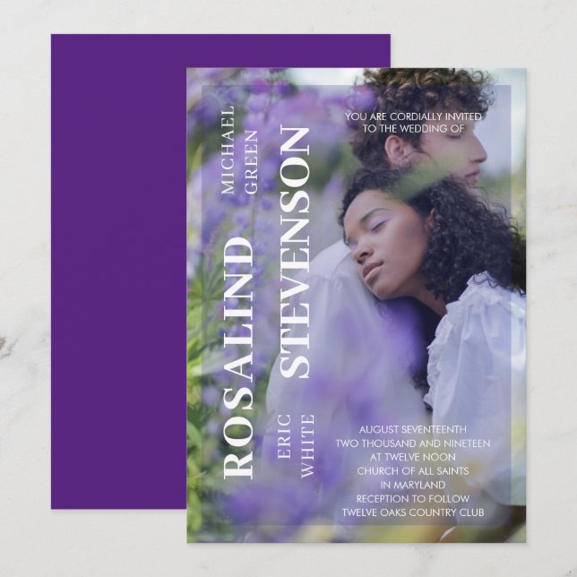Casual Minimalistic Violet Photo Wedding Invitation (Front/Back)