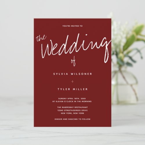 Casual Modern Burgundy Typography Wedding Invitation