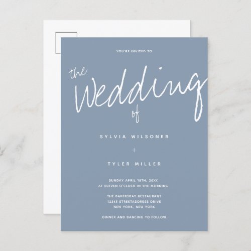 Casual Modern Dusty Blue Typography Wedding Invitation Postcard