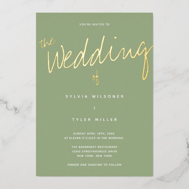 Casual Modern Gold Sage Typography Wedding Foil Invitation (Front)