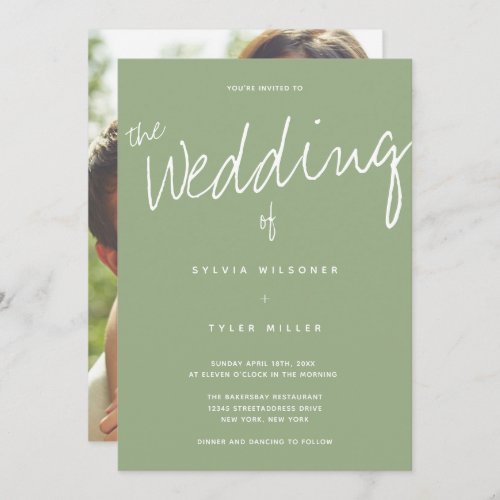 Casual Modern Sage Typography Photo Wedding Invitation
