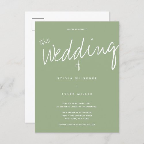 Casual Modern Sage Typography Wedding Invitation Postcard