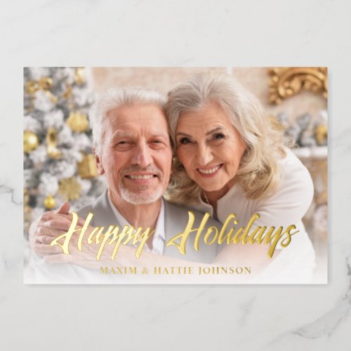 Casual Modern Script Happy Holidays Photo Foil Holiday Card