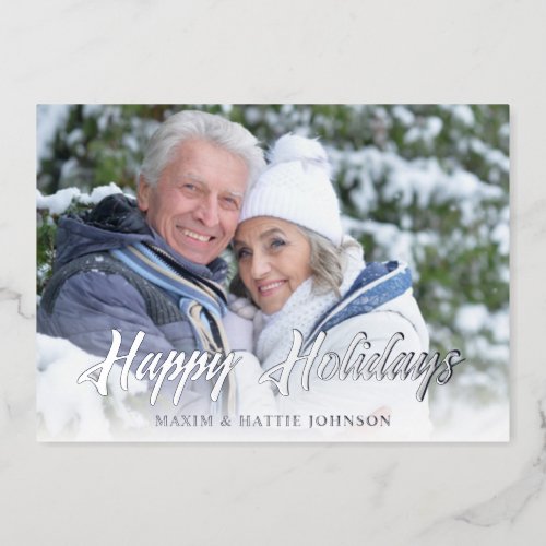 Casual Modern Script Happy Holidays Winter Photo Foil Holiday Card