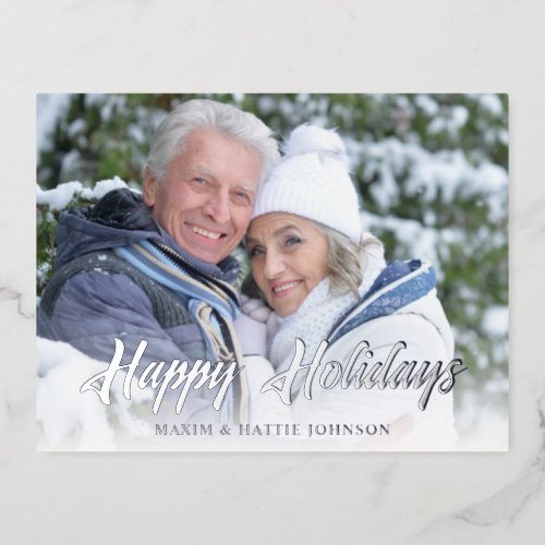 Casual Modern Script Happy Holidays Winter Photo Foil Holiday Postcard