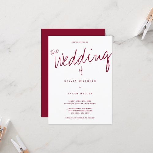 Casual Modern White Burgundy Typography Wedding Invitation